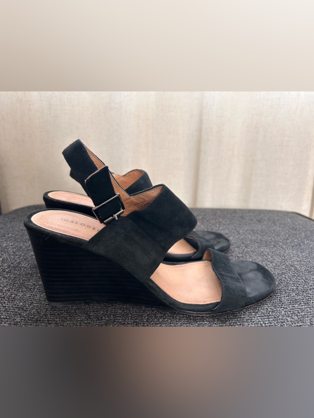 Halogen Black Suede Wedge Sandals with Buckle Strap